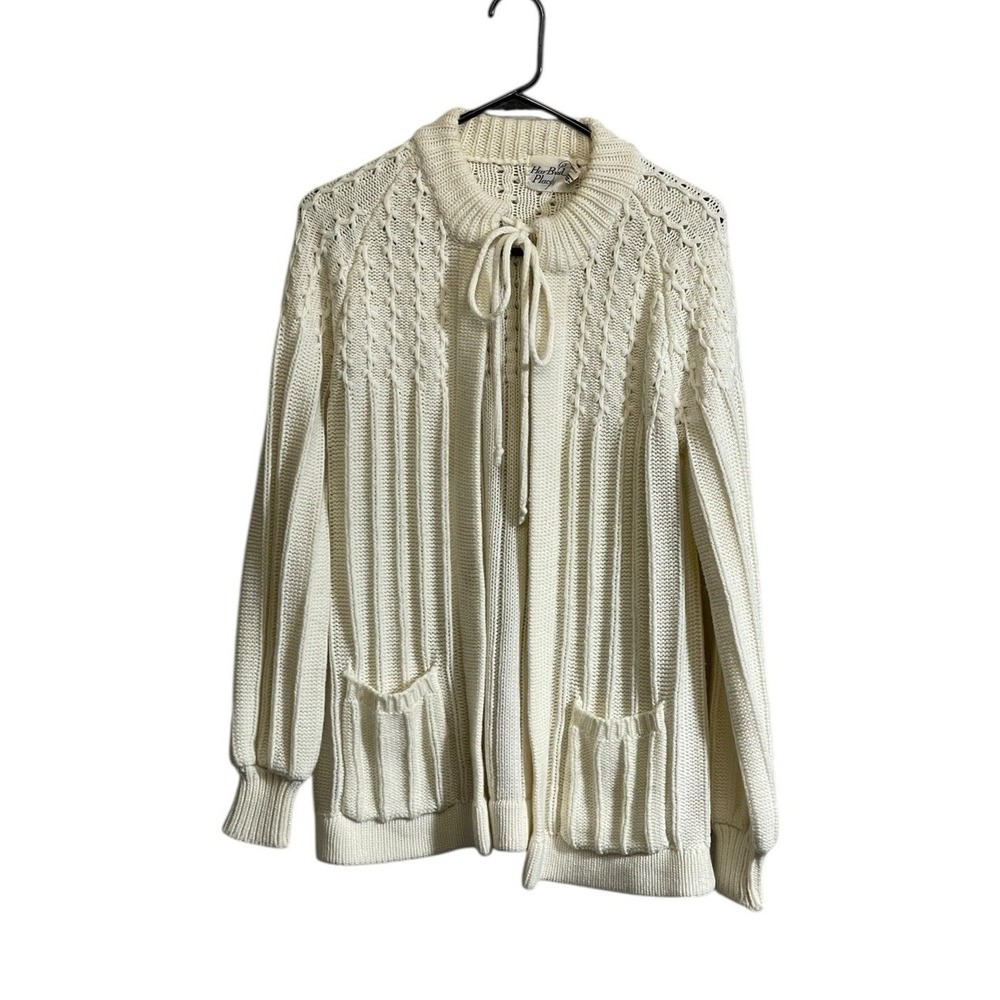 Vintage Cardigan Knit Sweater Puff Sleeve Ivory Acrylic Chunky Grandma Large
